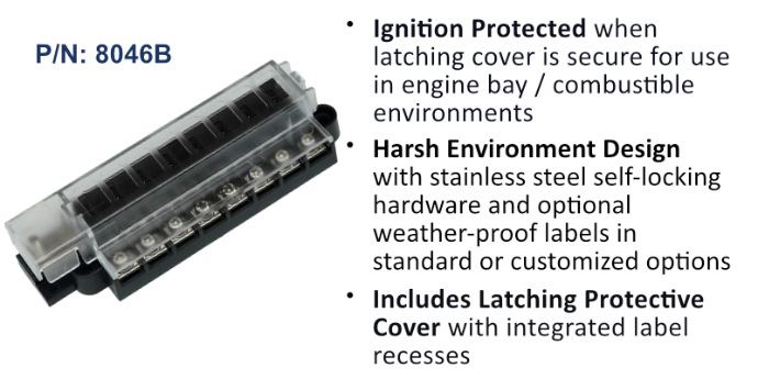 EGIS RT series 8046B 8-circuit inline fuse block with clear latching cover, row of fuse terminals, ignition protection text