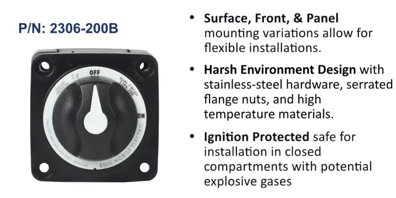 EGIS m-Series 2306-200 300A on/off battery switch, black square body with white knob and silver ring, front view
