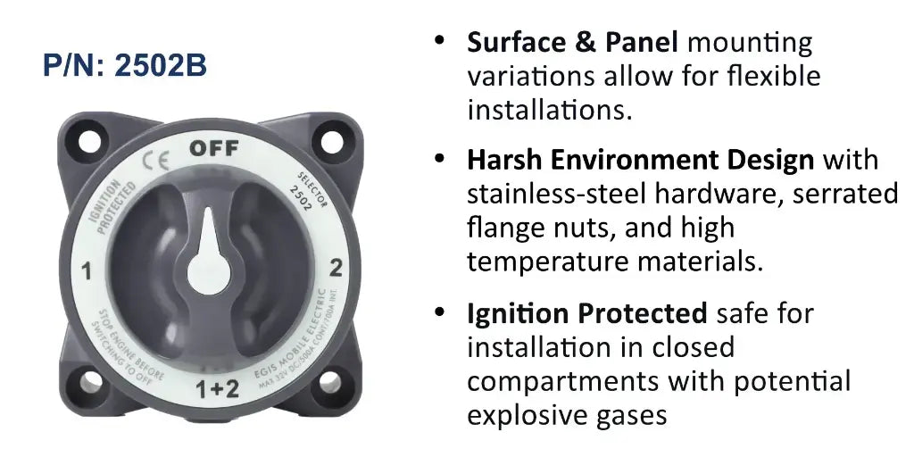 EGIS HD-Series 2502 600A selector switch, dark grey body and knob, white dial marked 1, 2 and 1+2, front view