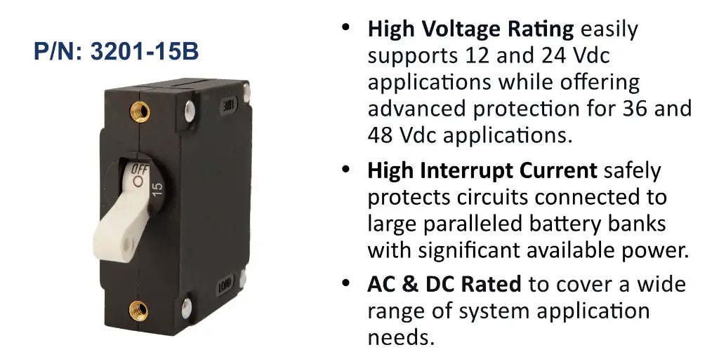 EGIS 3201-15 A Series 15A single pole circuit breaker, brown body with white toggle and brass terminals, front view