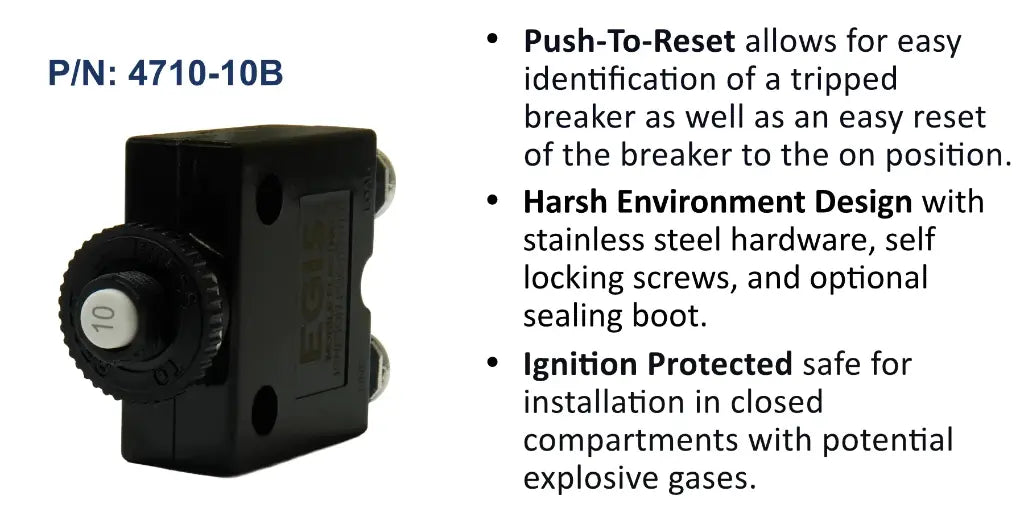 EGIS 4710-10 10A push-to-reset circuit breaker, black body with knurled button marked 10, features list beside it