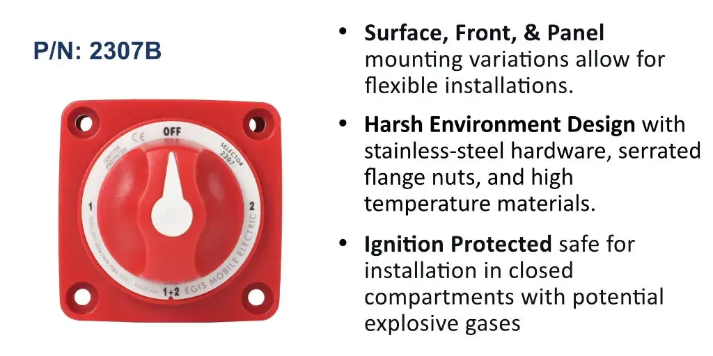 EGIS m-Series 2307 300A selector switch, red body with white knob, Off, 1, 2 and 1+2 positions, front view