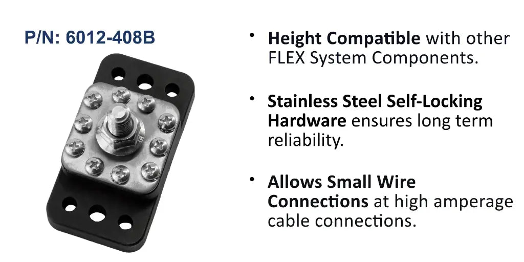 EGIS 6012-408 Power Post Plus with M10 stud and ten M4 screw terminals on a black base, top view with features