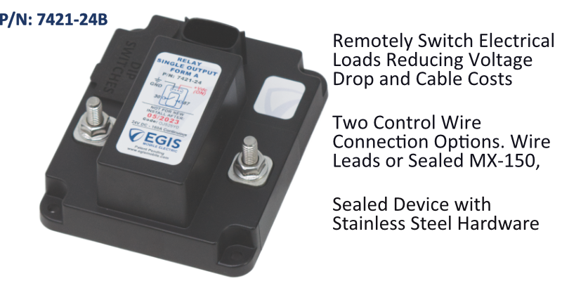 EGIS 7421-24D 160A single relay 24V with grey Deutsch connector area, studs and label, spec text beside it