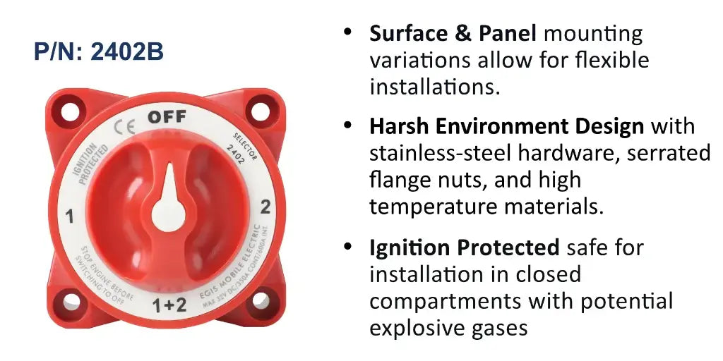 EGIS e-Series 2402 350A selector switch with AFD, red body and red knob, Off/1/2/1+2 dial, front view