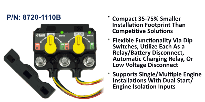 EGIS XD dual Flex relay and ACR with two yellow knobs, three studs, wire tails and mount plate, green backdrop