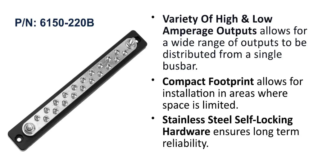 EGIS 6150-220 150A common busbar, long black base with two studs and twenty screw terminals, uncovered