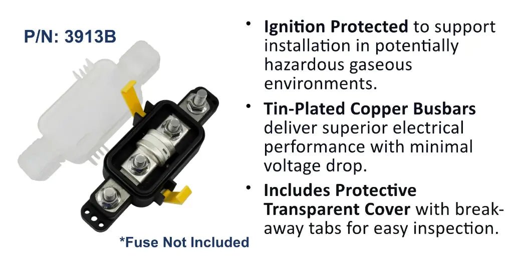 EGIS 3913 sealed Class T fuse block, 450-600A, white holder beside black block with busbars and yellow tabs