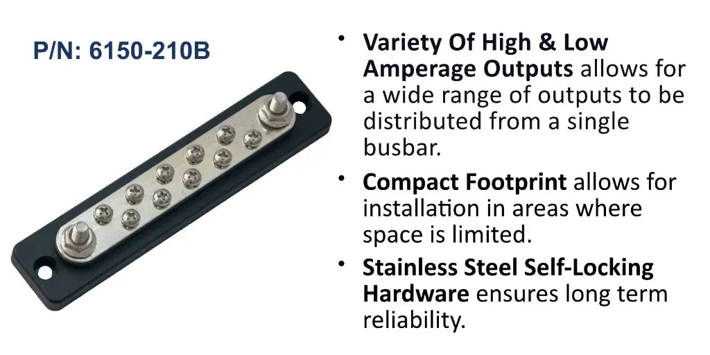 EGIS 6150-210 150A common busbar, black base with two studs and ten screw terminals, uncovered, top view