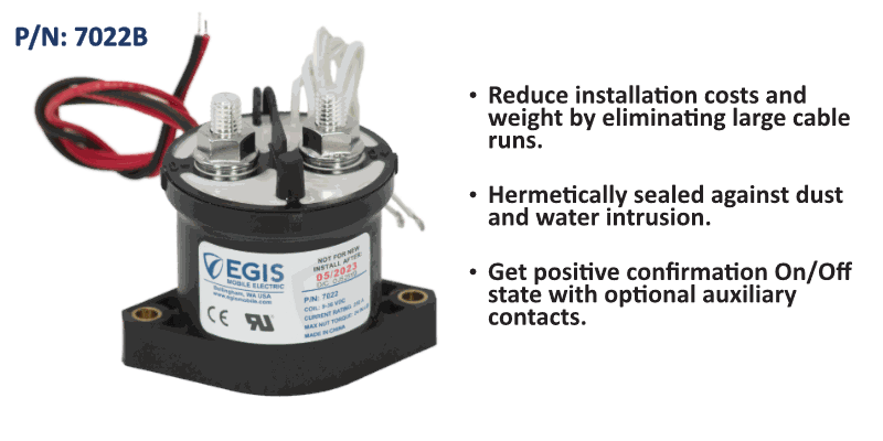 EGIS 7022B bulk pack 500A contactor showing auxiliary contact terminals and red lead, on green feature panel