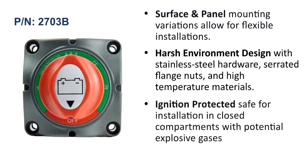 EGIS 2703 mini selector battery switch, grey body, red knob with battery symbol and green selector ring, front view