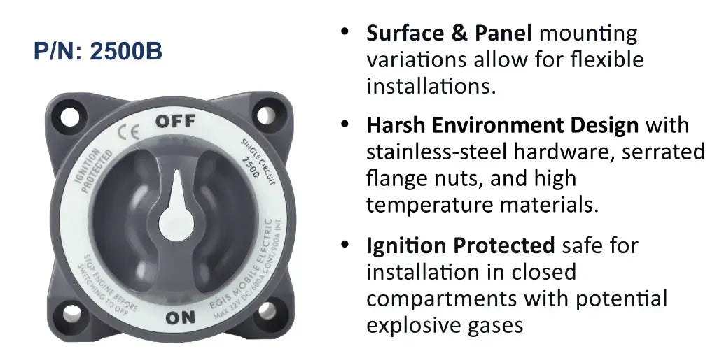 EGIS HD-Series 2500 600A on/off battery switch, dark grey body and grey knob with white dial, OFF and ON, front view