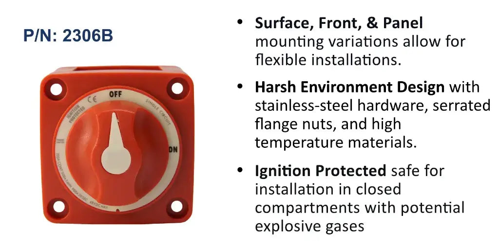 EGIS m-Series 2306 300A on/off battery switch, red square body with white knob actuator, front view