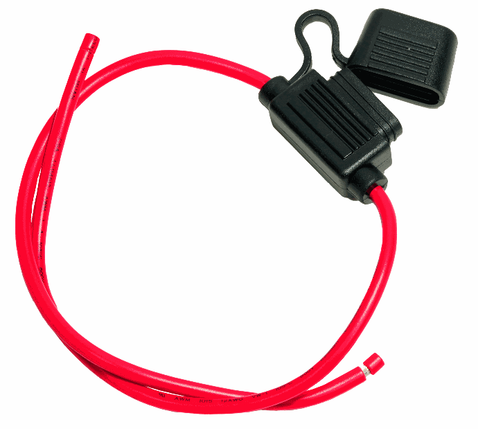 EGIS 901028 inline ATO fuse holder with black hinged waterproof cover open, on 12 AWG red wire with bare ends