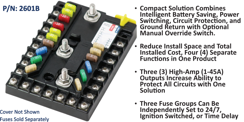 EGIS PDM 2601B power distribution module, 14 circuits plus ground, coloured fuses and two studs, kill switch fitted