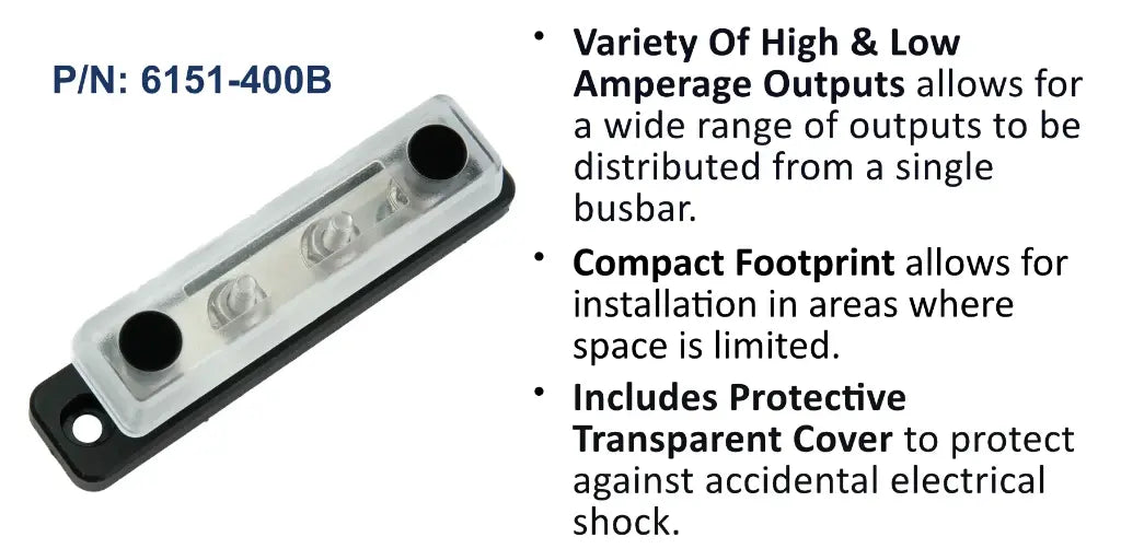 EGIS 6151-400 150A common busbar with clear cover and black caps over four studs, angled view