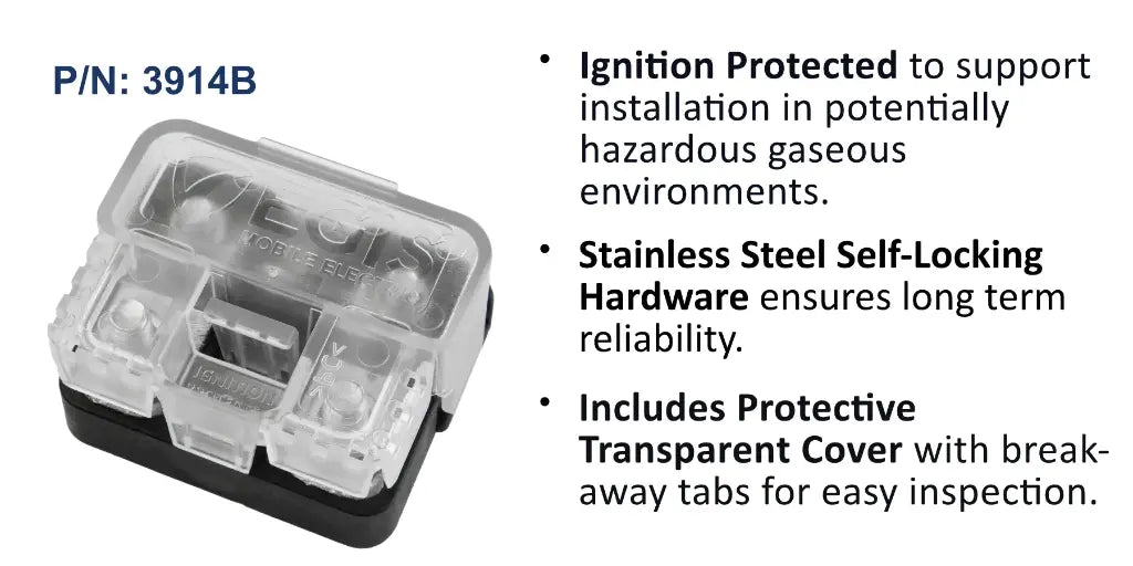 EGIS 3914 compact MIDI fuse block with clear hinged cover over the fuse compartment and black base