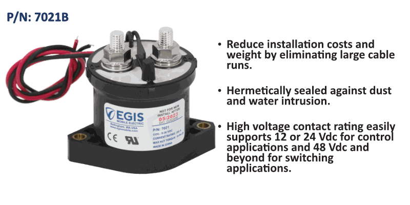 EGIS 7021B bulk pack 500A sealed contactor with red and black coil leads, front view on green feature panel