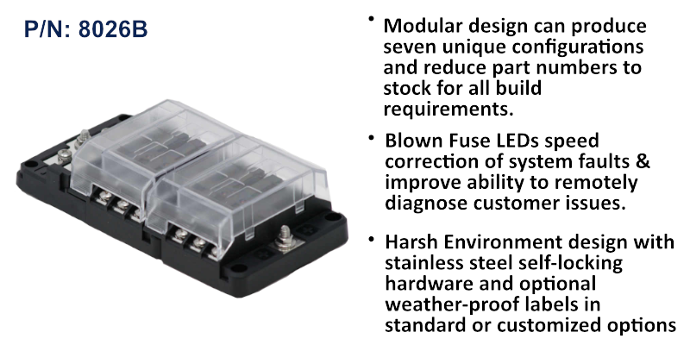 EGIS RT series 8026B 12-way fuse block with clear cover over two rows of blade fuses on black base, side view with text