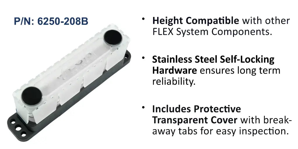 EGIS 6250-208 MaxiBus busbar with clear snap-on cover and two black stud caps, angled view with feature text