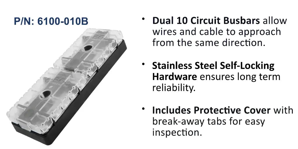 EGIS 6100-010 100A dual busbar with 2 x 10 circuits, long clear protective cover over black base, angled view