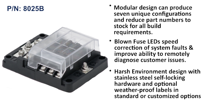 EGIS RT series 8025B 6-way fuse block with clear hinged cover, black base and terminals, plus modular design text