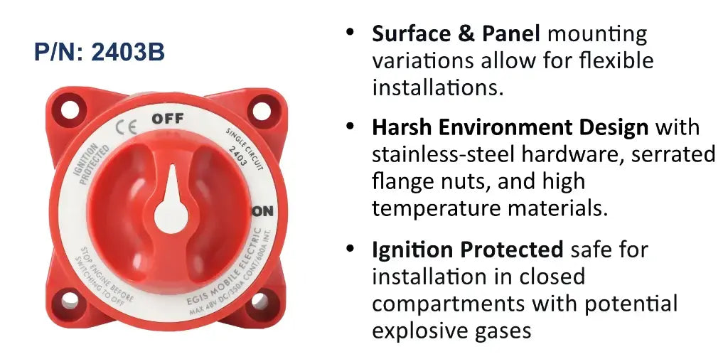 EGIS e-Series 2403 350A on/off battery switch, red body and red knob, white dial marked OFF and ON, front view