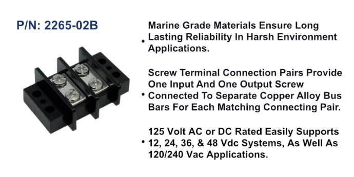 EGIS 2265-02 65A two-circuit terminal block, tall black barrier strip with large screw terminals, angled view