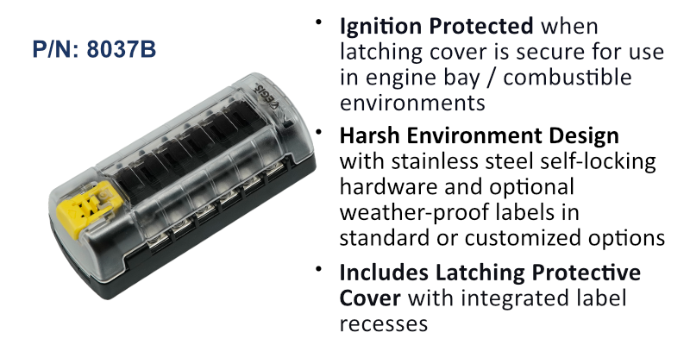 EGIS RT series 8037B 6-circuit fuse block, clear cover with latch, yellow end tab and black fuse terminals, with bullets