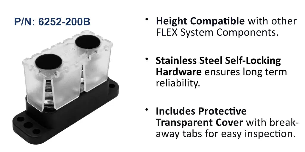 EGIS 6252-200 PowerBar busbar with clear cover over two M10 studs on a black base, upright three-quarter view