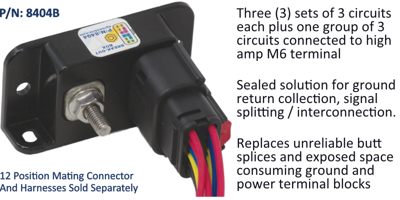 EGIS 8404B sealed break-out box with M6 stud, black plug and multicoloured red, yellow and blue wires, label on top