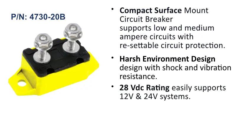 EGIS 4730-20 Short Stop 20A surface mount circuit breaker with yellow base, two silver terminal studs