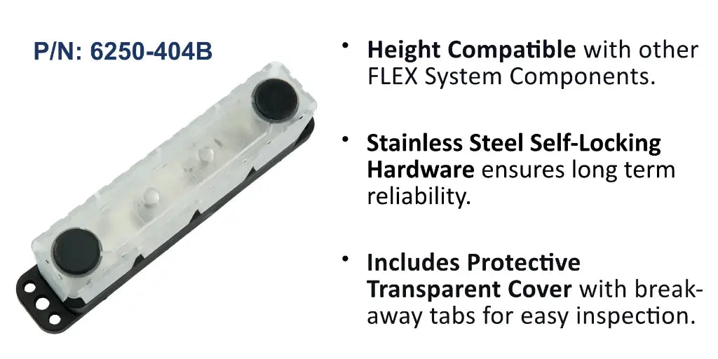 EGIS 6250-404 MaxiBus busbar, clear cover with four black stud caps over a black base, with feature bullets