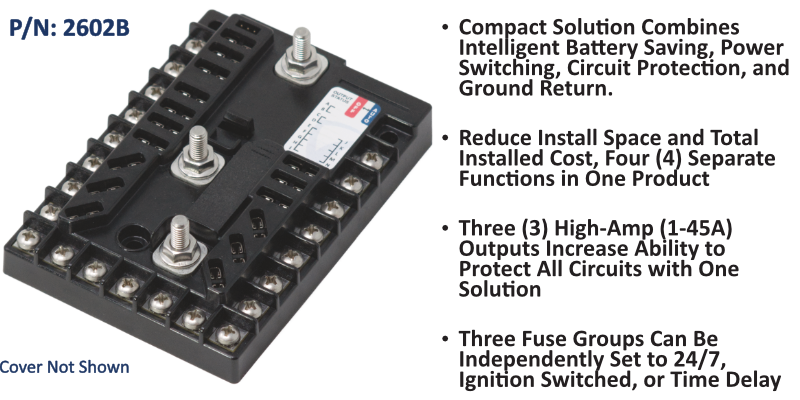 EGIS PDM 2602B power distribution module, 14 circuits plus ground, black block with two studs and screw terminals