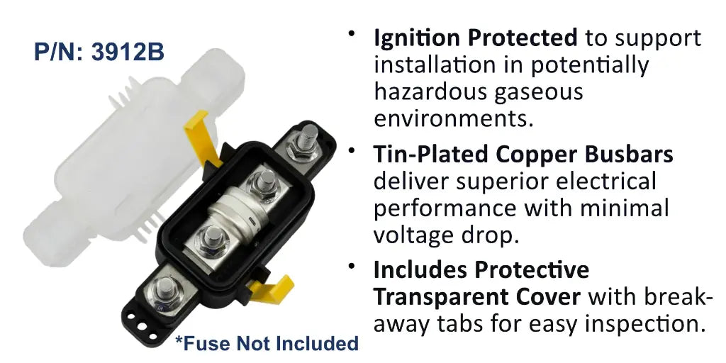 EGIS 3912 sealed Class T fuse block, 225-400A, with clear cover, tin-plated busbars and yellow release tabs