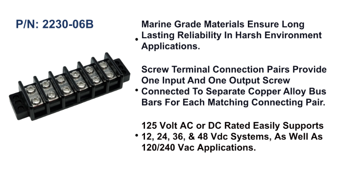 EGIS 2230-06 30A six-circuit terminal block, black barrier strip with six pairs of screw terminals, angled view