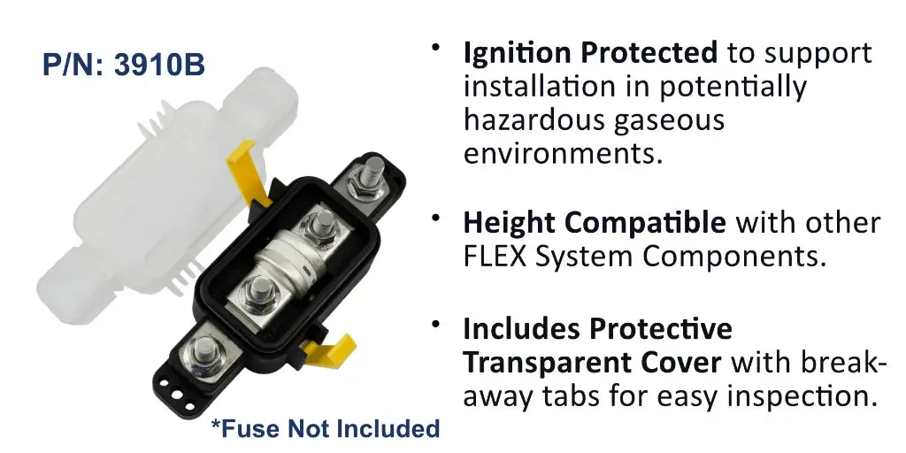 EGIS 3910 sealed Class T fuse block, 70-100A, with white translucent fuse holder beside black terminal block
