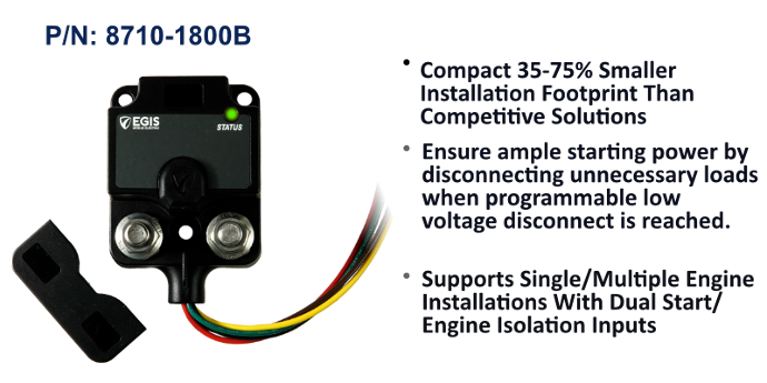 EGIS XD 8710-1800 programmable low voltage disconnect relay, black body with two studs, tinned wires and mounting plate