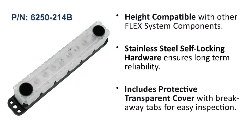 EGIS 6250-214 MaxiBus busbar, long clear cover over 14 screw terminals and two stud caps, with feature text