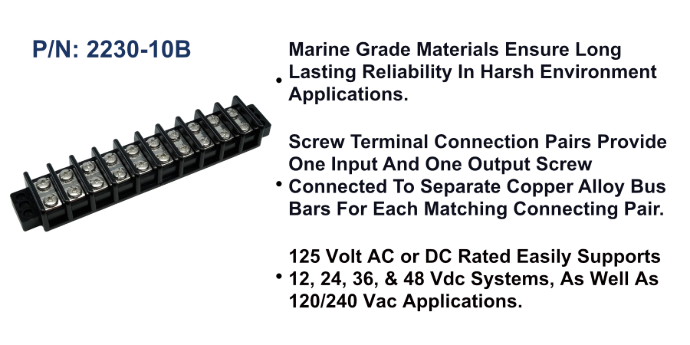 EGIS 2230-10 30A ten-circuit terminal block, black barrier strip with ten pairs of screws, angled view