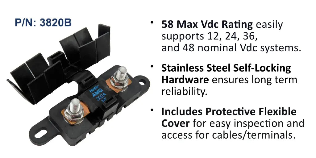 EGIS 3820 MEGA fuse block with black protective cover lifted, showing the stud terminals and mounting tabs