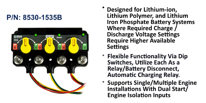 EGIS XD Flex L 8630-2535 triple lithium ACR, black unit with three yellow knobs, four studs and coloured wire tails, DTM