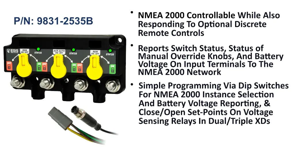 EGIS 9831-2535B XD NMEA 2000 triple relay, three yellow knobs across the front, network cable and spec bullets