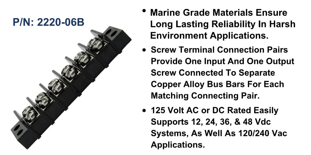 EGIS 2220-06 20A six-circuit terminal block, black barrier strip with screw terminals, diagonal view