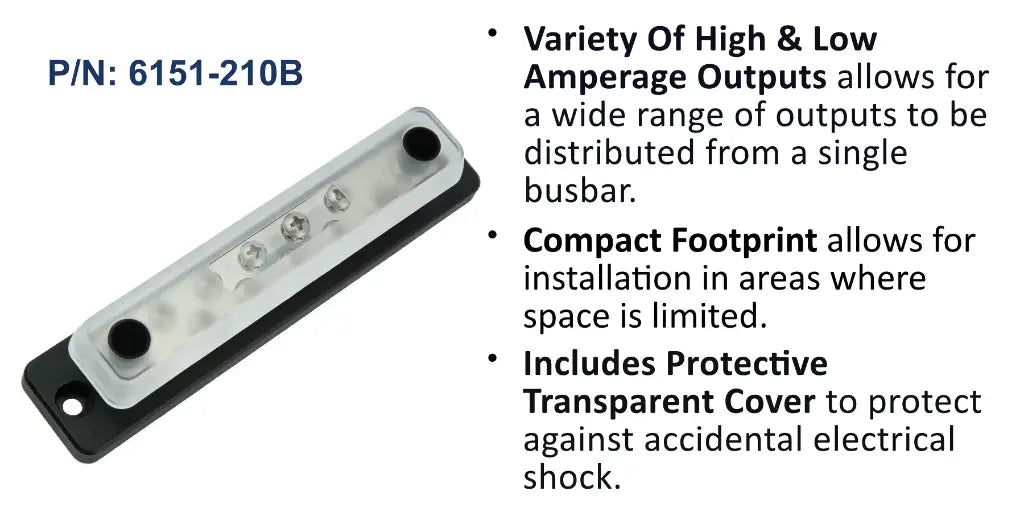 EGIS 6151-210 150A common busbar with clear cover, two studs and ten screw terminals, angled view
