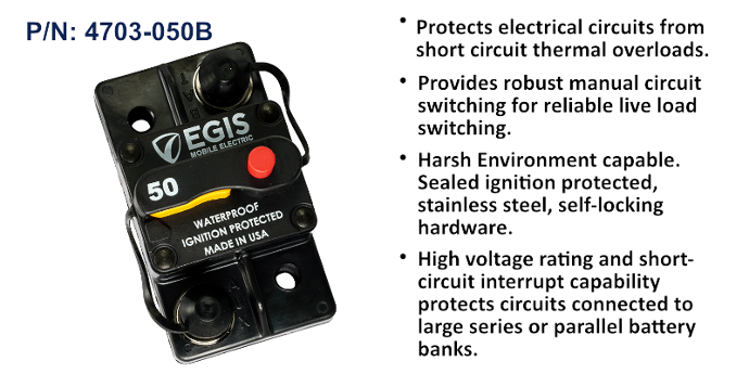 EGIS 4703-050 85 series 50A surface mount circuit breaker, black, red button, beside feature bullet list