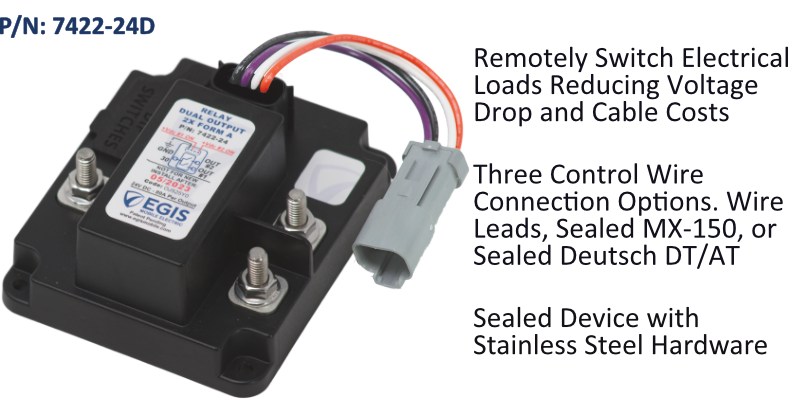 EGIS 7422-24 dual 2x80A relay 24V, angled view of black housing, four terminal studs and Deutsch plug on wires