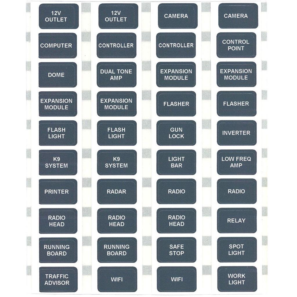 Sheet of 40 black EGIS emergency vehicle switch labels in grey and white, printed with names like Radio, Siren, Light Bar