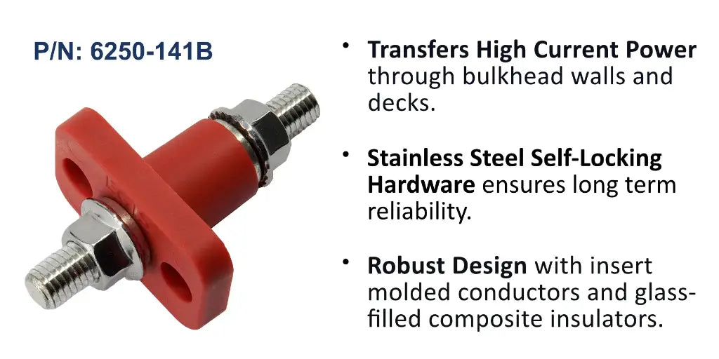 EGIS 6250-141 red M10 feed through terminal on a two-hole flange, stainless studs, with bulkhead feature text