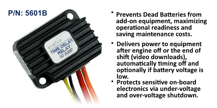 EGIS 5601B PT Series 30A 12V time delay relay bulk pack, black finned case angled to show leads and label
